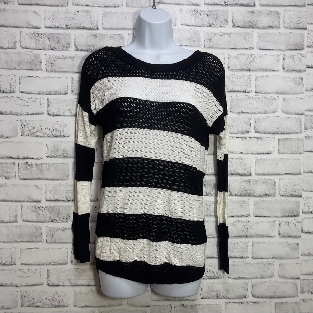AB Studio Button Up Back Breathable Stripe Sweater Small